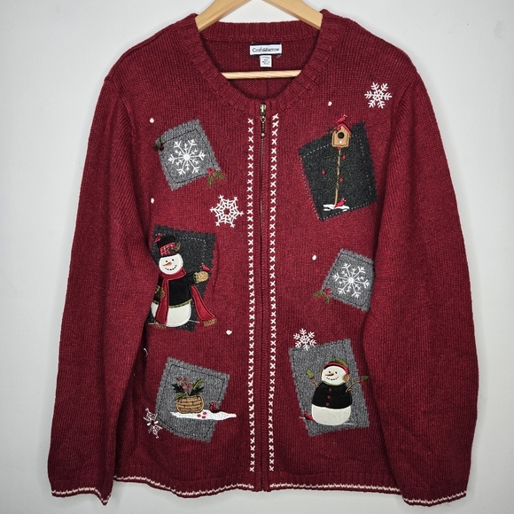 Vintage Croft & Barrow Winter Holiday Full Zip Cardigan Size 2x Red Snowman NWT - Picture 1 of 16